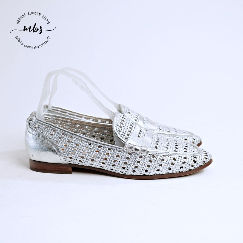 Sam Edelman Leora Woven Almond Round Toe Metallic Glam Loafers Silver Women 6